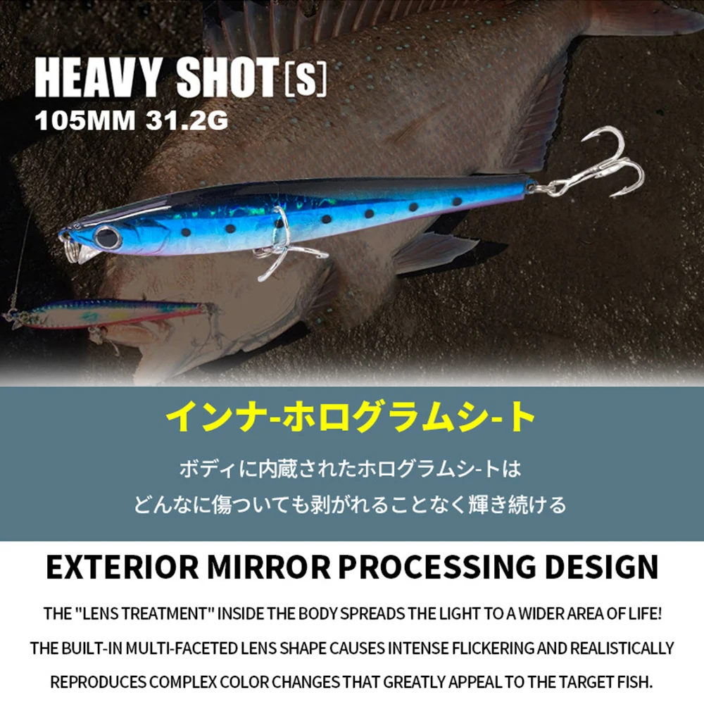 Señuelos de Pesca de 10,5 cm y 31,2g, cebo duro Artificial de fundición larga, Jerkbait, para pesca de lubina en agua de mar, Minnow Wobbler, MN621 - imagen 5