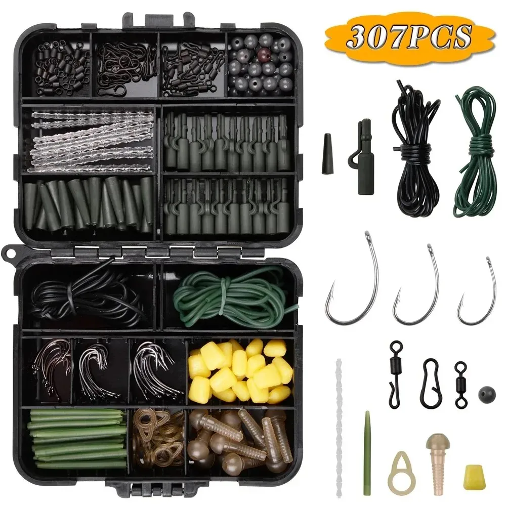 Equipo de pesca de carpa, Kit de caja de aparejos, ganchos de carpa, giratorios de cambio rápido, Clips de seguridad, mangas de goma, accesorios de aparejo de pesca, 307 Uds.