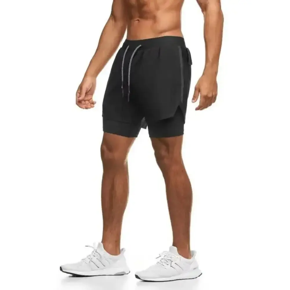 Pantalones cortos finos para correr de secado rápido, pantalones cortos de entrenamiento elásticos de doble capa, pantalones cortos de entrenamiento transpirables con bolsillo para teléfono móvil para correr - imagen 4