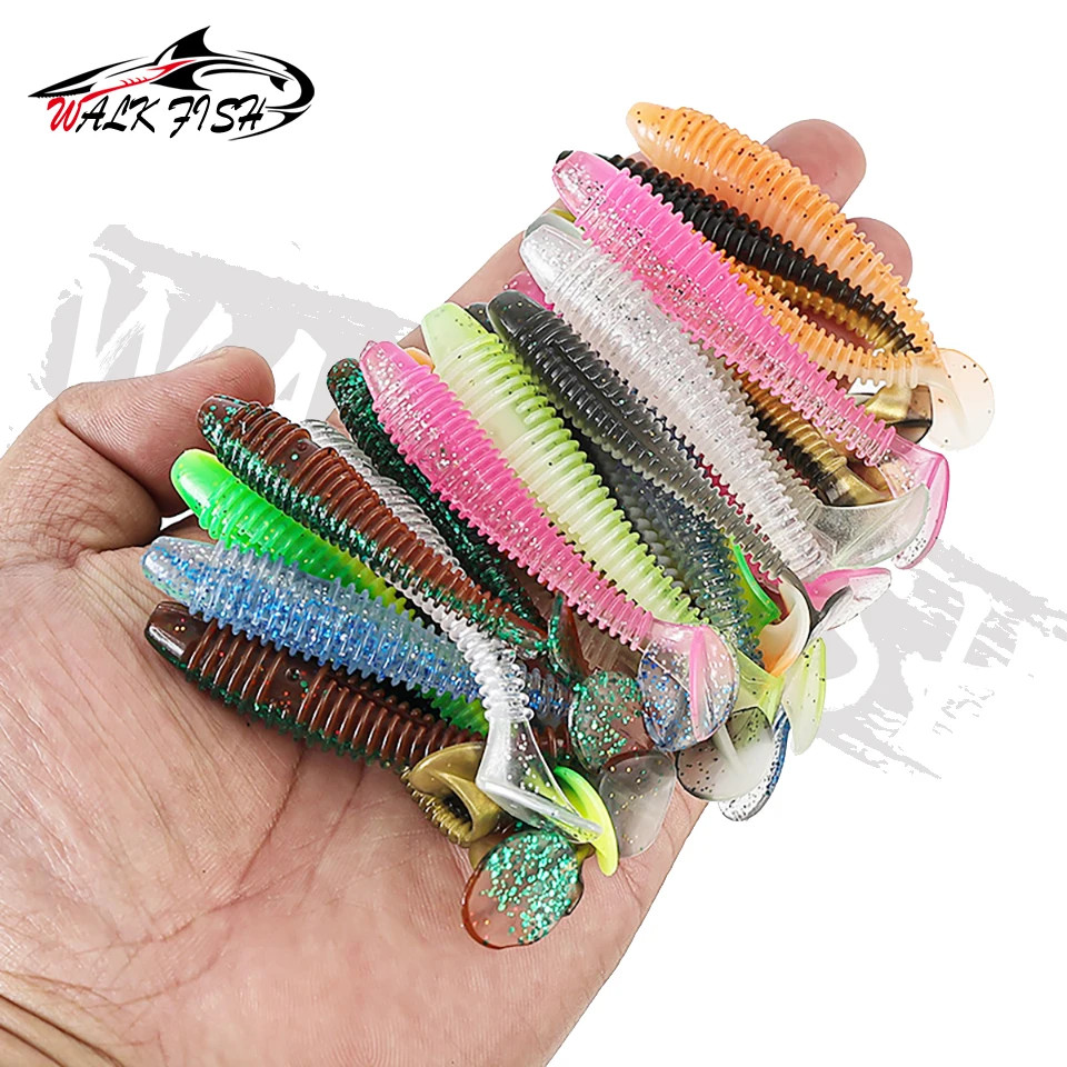 WALK FISH-Juego de Señuelos de Pesca blandos, cebo Artificial de 55/65/75MM, señuelo de gusano con anzuelos con cabeza de anzuelo, aparejos de pesca de lubina, 30 unids/caja - imagen 5