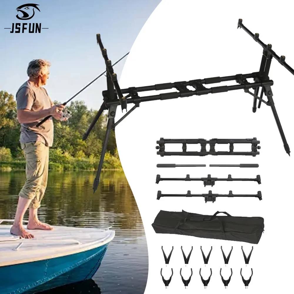 JSFUN barra paralela torreta de cinco cabezas caña de pescar de carpa soporte plegable soporte de varilla ajustable y retráctil