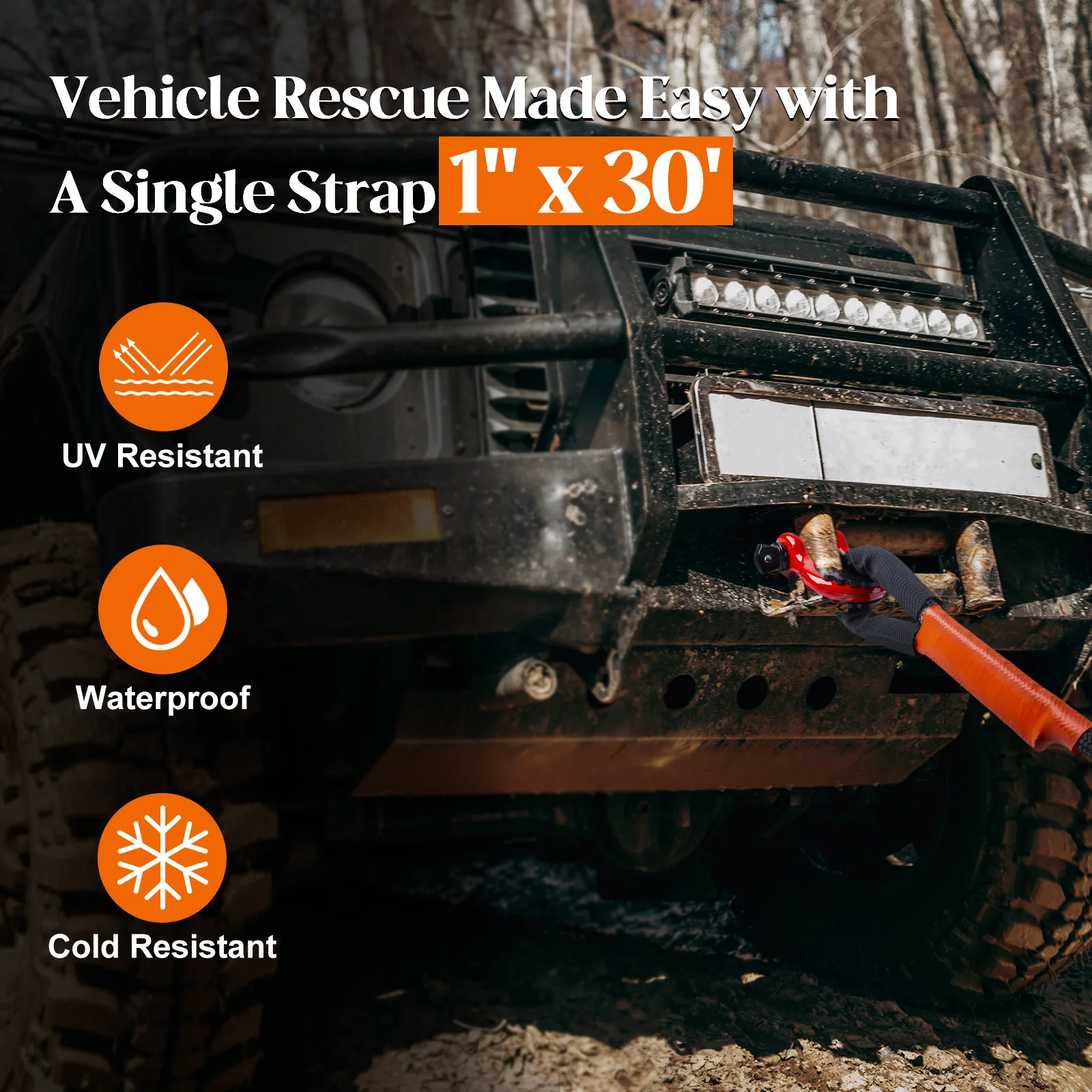 Cuerda de recuperación cinética Goture, 48000 libras, 1 pulgada x 30 pies, resistente 20 + % de elasticidad, límite de carga de trabajo de 41000 libras para vehículos todoterreno 4x4 - imagen 4