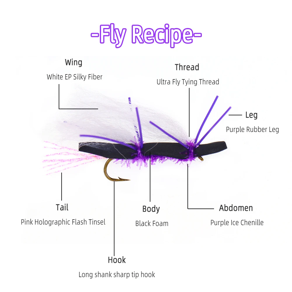Wifreo-señuelo de insectos artificiales para pesca, 4 piezas, moscas moradas flotantes, patrón de espuma Stonefly, moscas secas, trucha - imagen 4