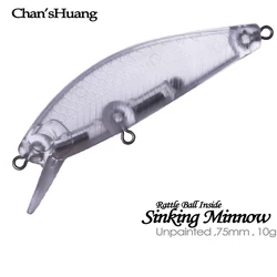 Chan'sHuang-cebo en blanco sin pintar, 20 piezas, 10g/75mm, sonajero que se hunde, pececillo, aparejos de pesca artificiales hechos a mano