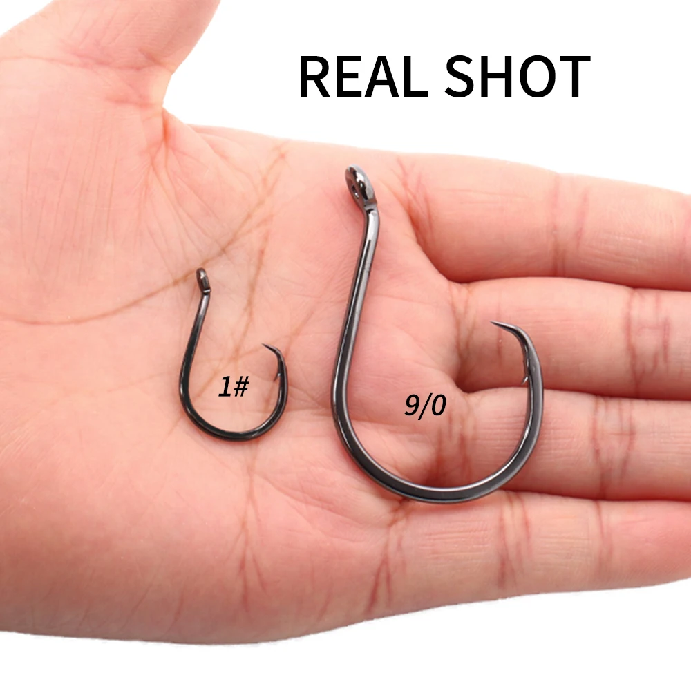 Ellllv 10PCS 1 # - Gancho circular pesado de níquel negro 9/0, anzuelo de pesca de agua salada de acero rico en carbono para bagre, pargo, malta, atún - imagen 5