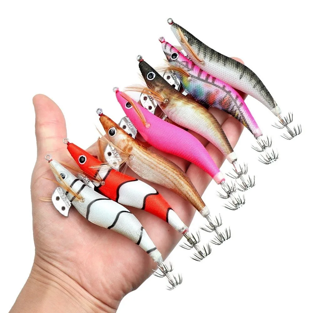 Camarones gambas 2,5 # Jig de calamar 11g 10cm cebo duro señuelo de pesca luminoso de madera pesca en aguas profundas