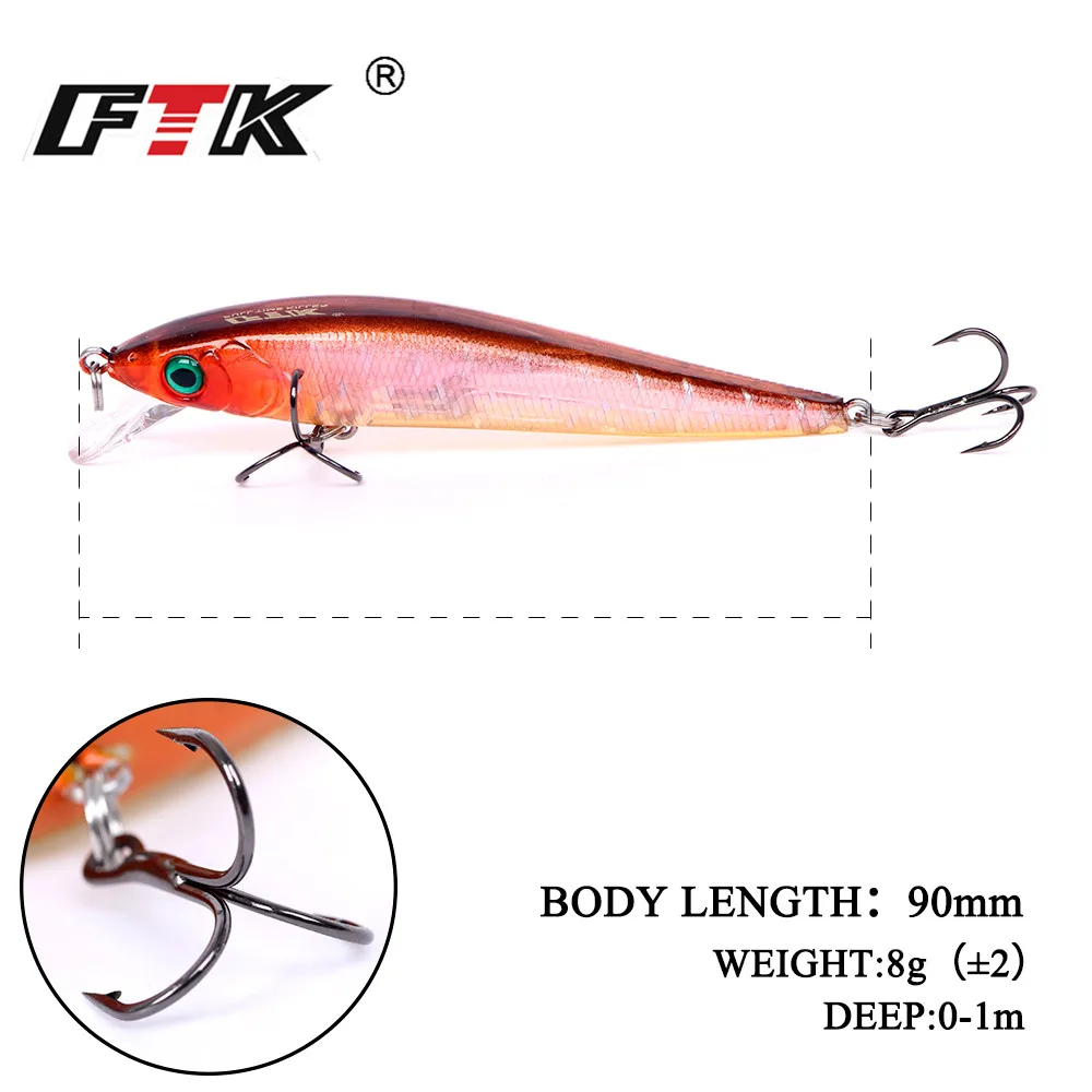 FTK-señuelo de pesca de pececillos, cebo Artificial de plástico duro, Wobblers para Lucio, anzuelo de pesca de lubina, Crankbait, ojos 3D, mar, 1 piezas, 90mm, 8g - imagen 4
