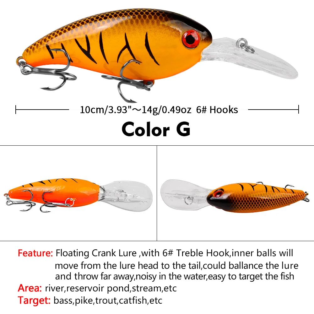 5 /Señuelo flotante Crankbait de 10 cm y 14 g con 6 #     Ganchos, cebo de pesca oscilante de plástico para pesca de trucha de lubina de agua dulce y salada - imagen 5