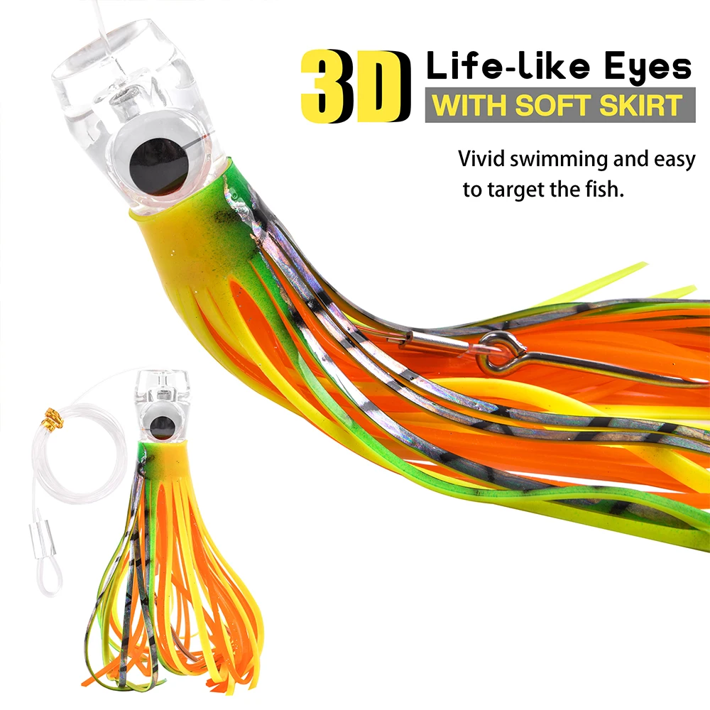 Señuelos de Pesca de agua salada, 4 piezas, 68g/107g, señuelos de arrastre, falda de calamar aparejada con línea de líder, anzuelos de tiburón para Marlin Tuna Wahoo - imagen 5