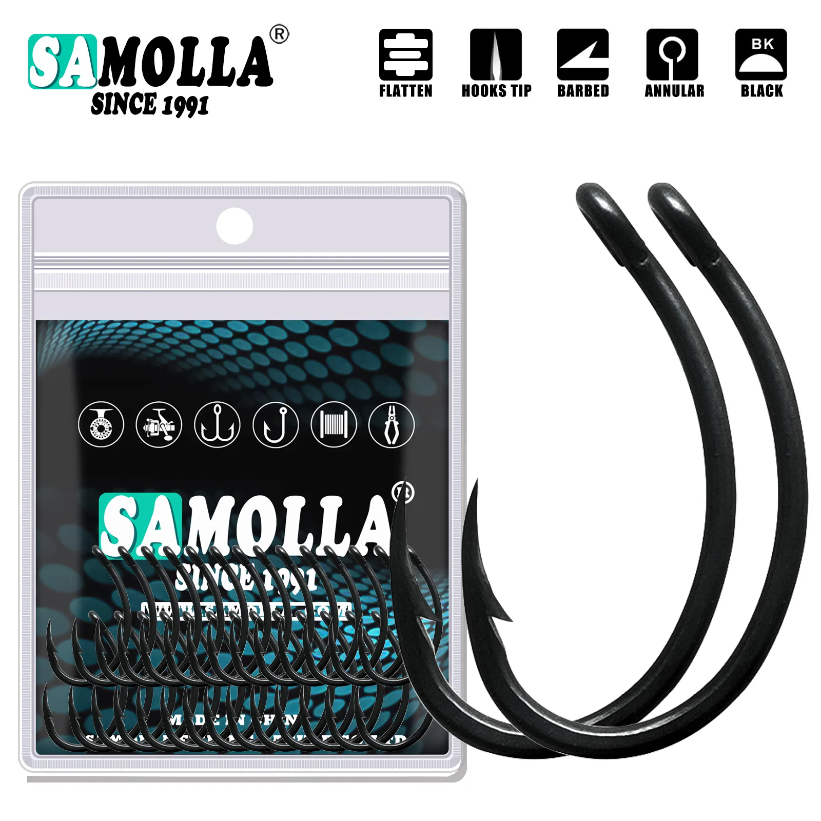 Anzuelos de pesca de carpa con revestimiento de PTFE, ganchos de púas de acero inoxidable de alto carbono, curvados, anzuelo de púas anchas, 50 piezas