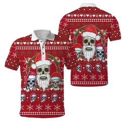 PLstar Cosmos Feliz Navidad divertido calavera de Papá Noel 3D completamente estampado Polo para hombre camisa informal de manga corta con solapa PLP11