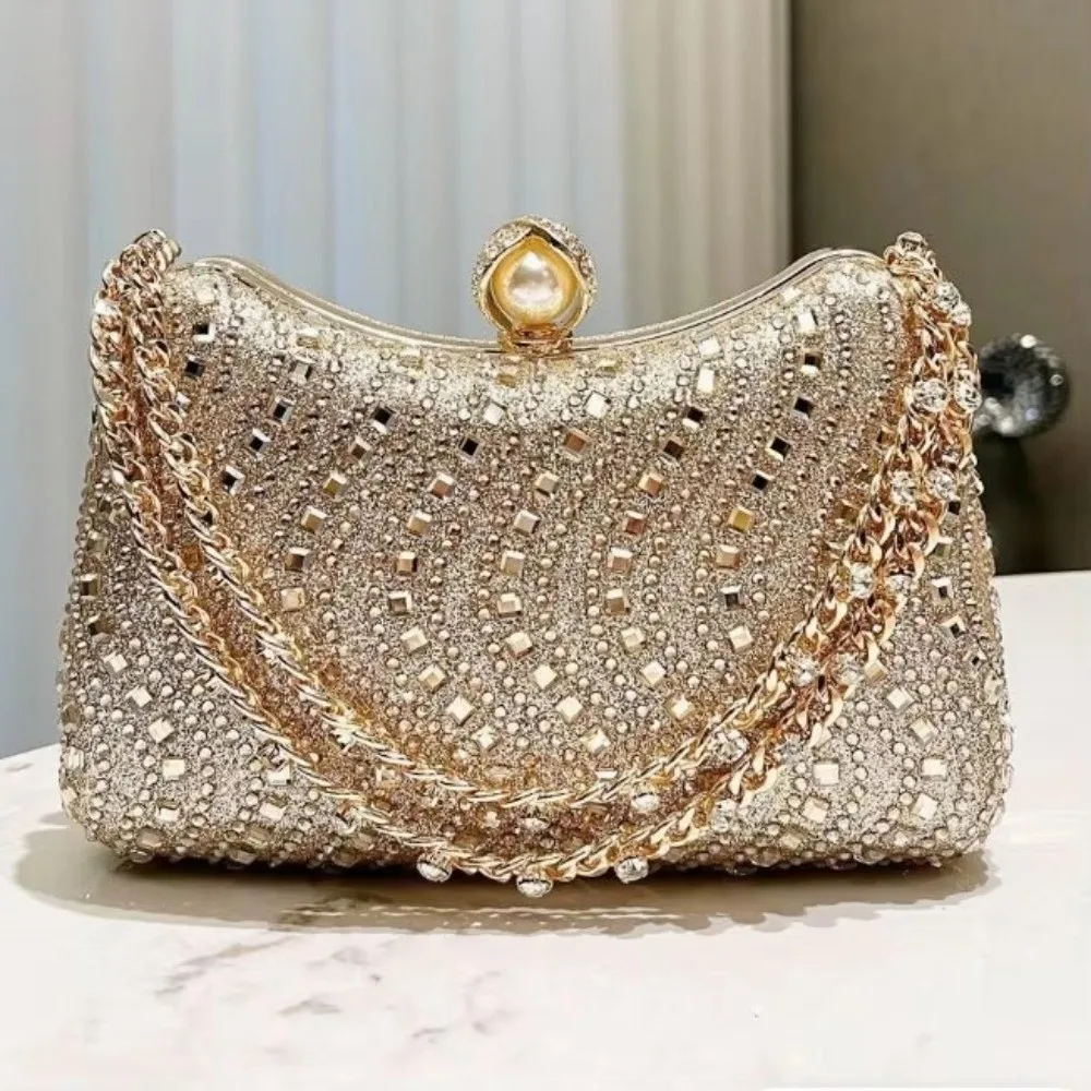 Elegante bolso premium con incrustaciones de diamantes de imitación y diamantes de imitación, bolso de noche con incrustaciones de diamantes de imitación, color dorado, plateado y azul brillante - imagen 4