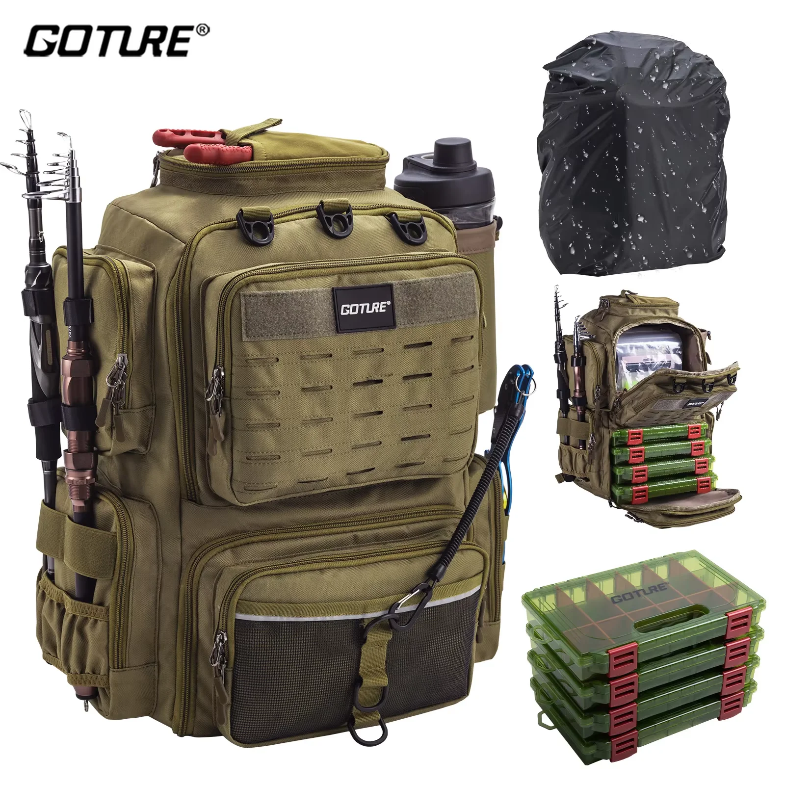 Mochila de pesca Goture 45L impermeable con 4 cajas de aparejos