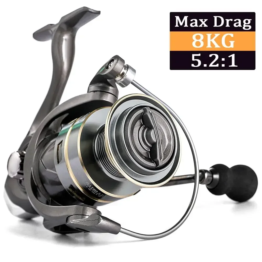 Carrete de Pesca giratorio de alta velocidad 5,2: 1, serie 2000-7000, arrastre máximo de 8KG, rueda de Baitcasting, carrete profundo de Metal para Pesca de todas las aguas - imagen 2