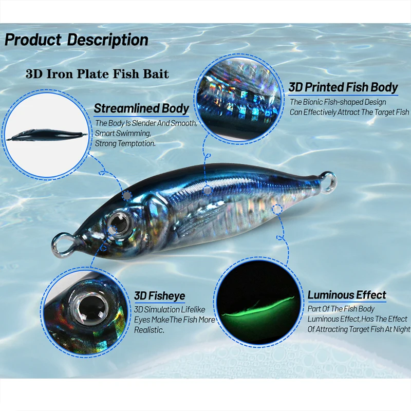 Cebo Wobbler 3D de 4 piezas, señuelo de pesca Artificial, 30g/40g/60g/80g, noctilucente, Little Jack Sink, gancho de Metal, cuchara giratoria - imagen 5