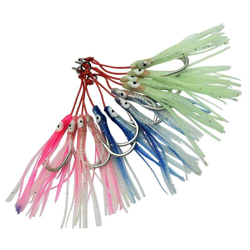 4 unids/lote luminoso pulpo Metal Jig Mate gancho de acero alto en carbono con cinta de silicona auxiliar pesca marina doble anzuelo de Jigging - imagen 5