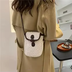 Bolso para teléfono de lana de cordero a la moda para invierno, bolsos de hombro bonitos y dulces de piel sintética, bolso cuadrado, billeteras portátiles para mujer