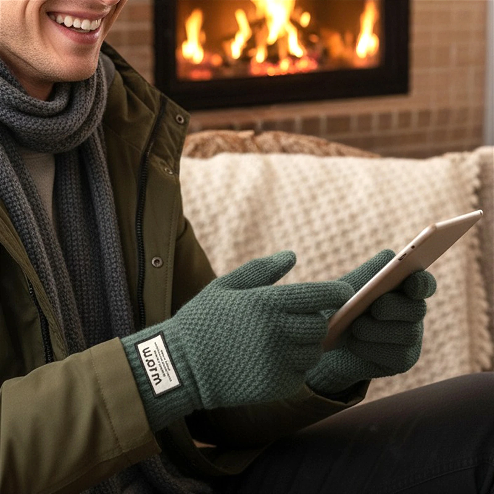 Guantes de ciclismo para hombre, cálidos guantes de punto con pantalla táctil y forro polar, patrón de piña para ciclismo, actividades al aire libre, invierno - imagen 4