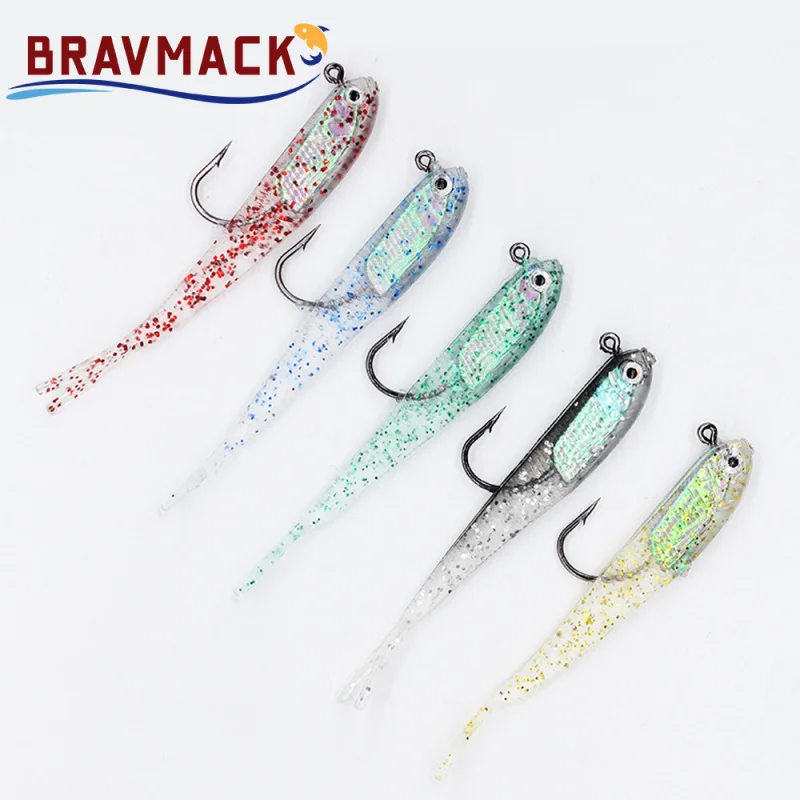 Señuelos de pesca de silicona, cebo Artificial suave con anzuelos para pesca en agua salada y dulce, 5 uds.