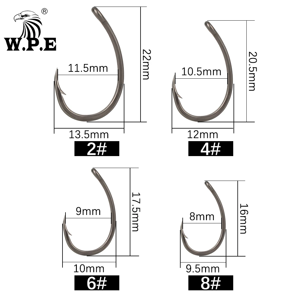 Anzuelos de pesca W.P.E 10 unidades/paquete 2/4/6/8 #   Anzuelo de pesca de carpa, anzuelos de púas afilados de acero rico en carbono, anzuelo de señuelo alimentador, aparejos de carpa para lubina - imagen 3