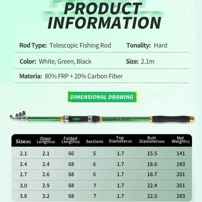 Caña de pescar telescópica de fibra de carbono Frp dura de 2,1 m, equipo de pesca de carpa, caña de pescar extensible portátil para actividades al aire libre - imagen 2