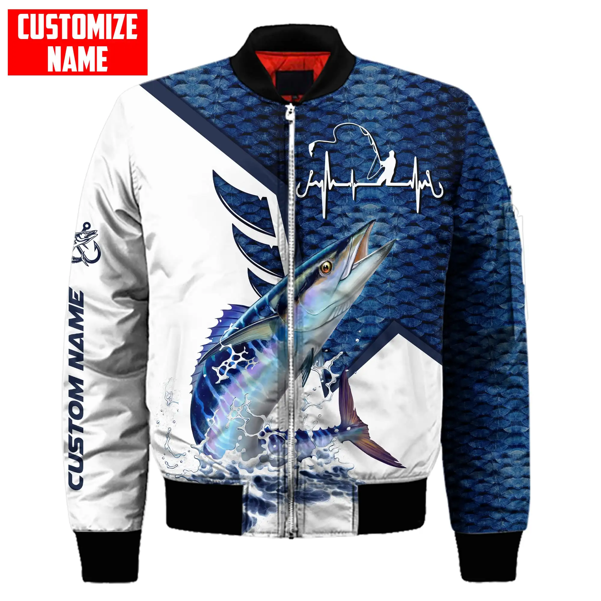 Chaqueta Bomber de invierno para hombre, pesca atún/marlin, nombre personalizado, estampado 3D, abrigo grueso con cremallera y bolsillo, chaqueta cálida informal Unisex con cremallera FX-03 - imagen 2