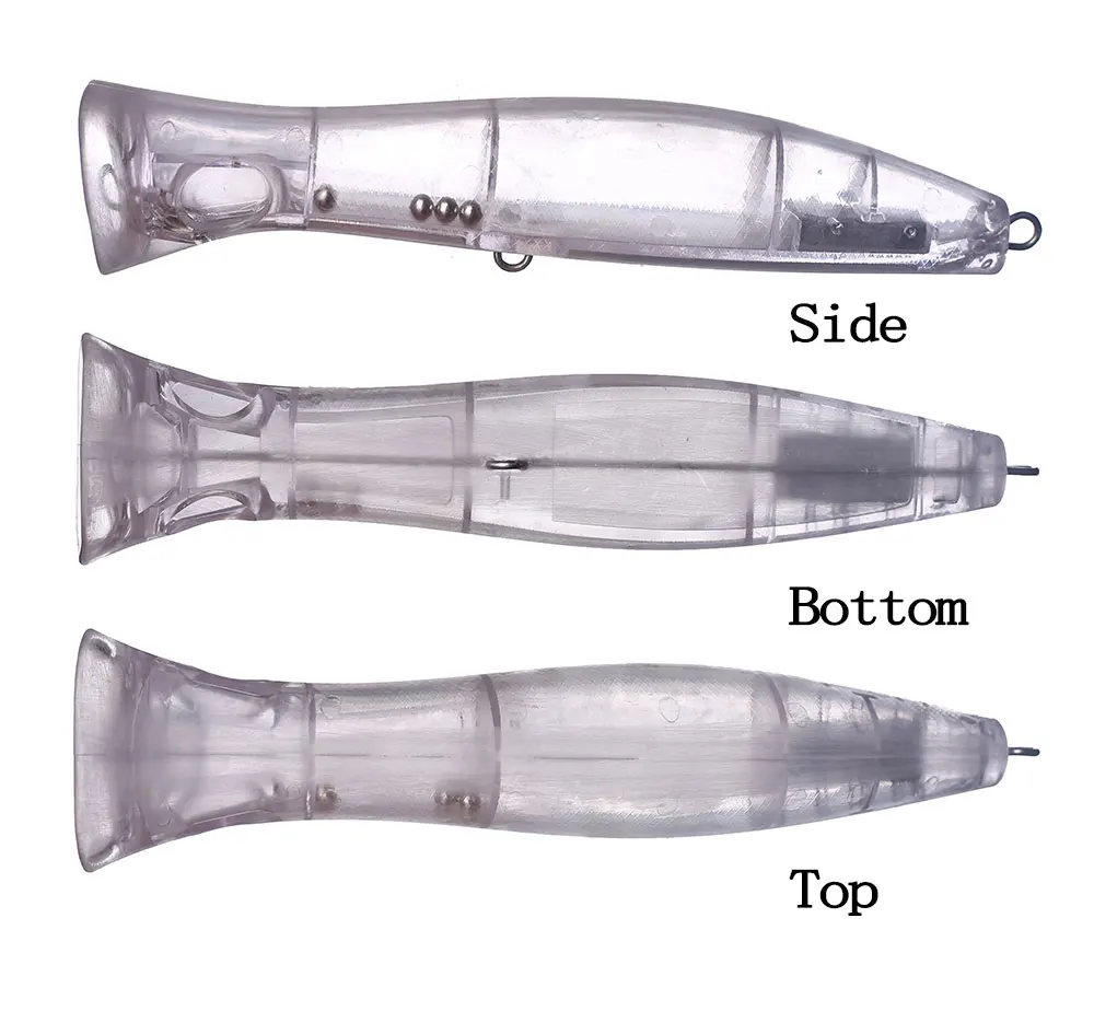 El diseño y la estructura de un señuelo de pesca transparente que resalta su lado, la parte inferior y las vistas superiores