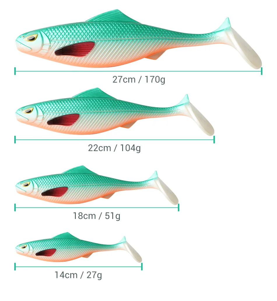 Tres peces se muestran en diferentes tamaños con el más grande de 27 cm/170 g