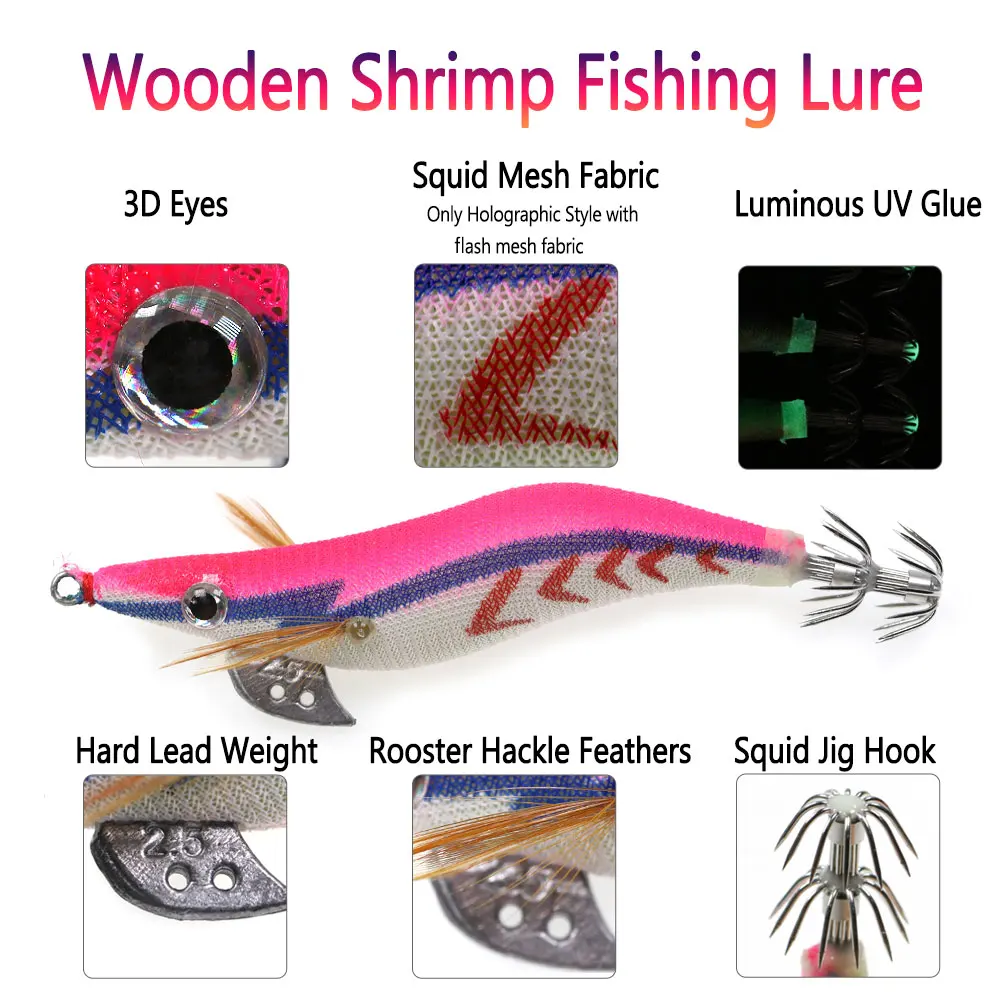 Bimoo-anzuelo de pesca de calamar, señuelo de pesca de camarón de madera, pulpo, sepia, señuelos artificiales Jigging, cebo duro, aparejos de pesca - imagen 2