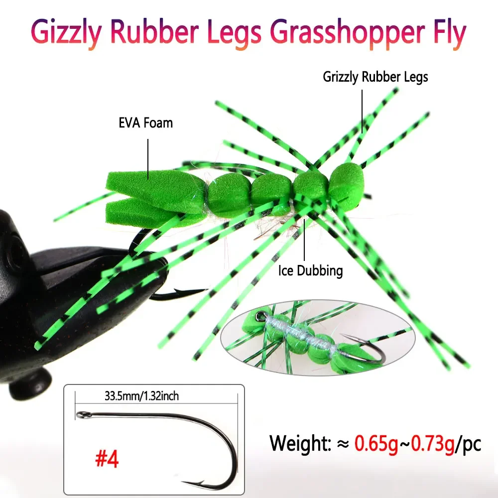 Bimoo 6 piezas # 4 Gizzly patas de goma saltamontes mosca espuma cuerpo flotante tolva mosca seca trucha Steelhead lubina salmón Señuelos de pesca - imagen 3