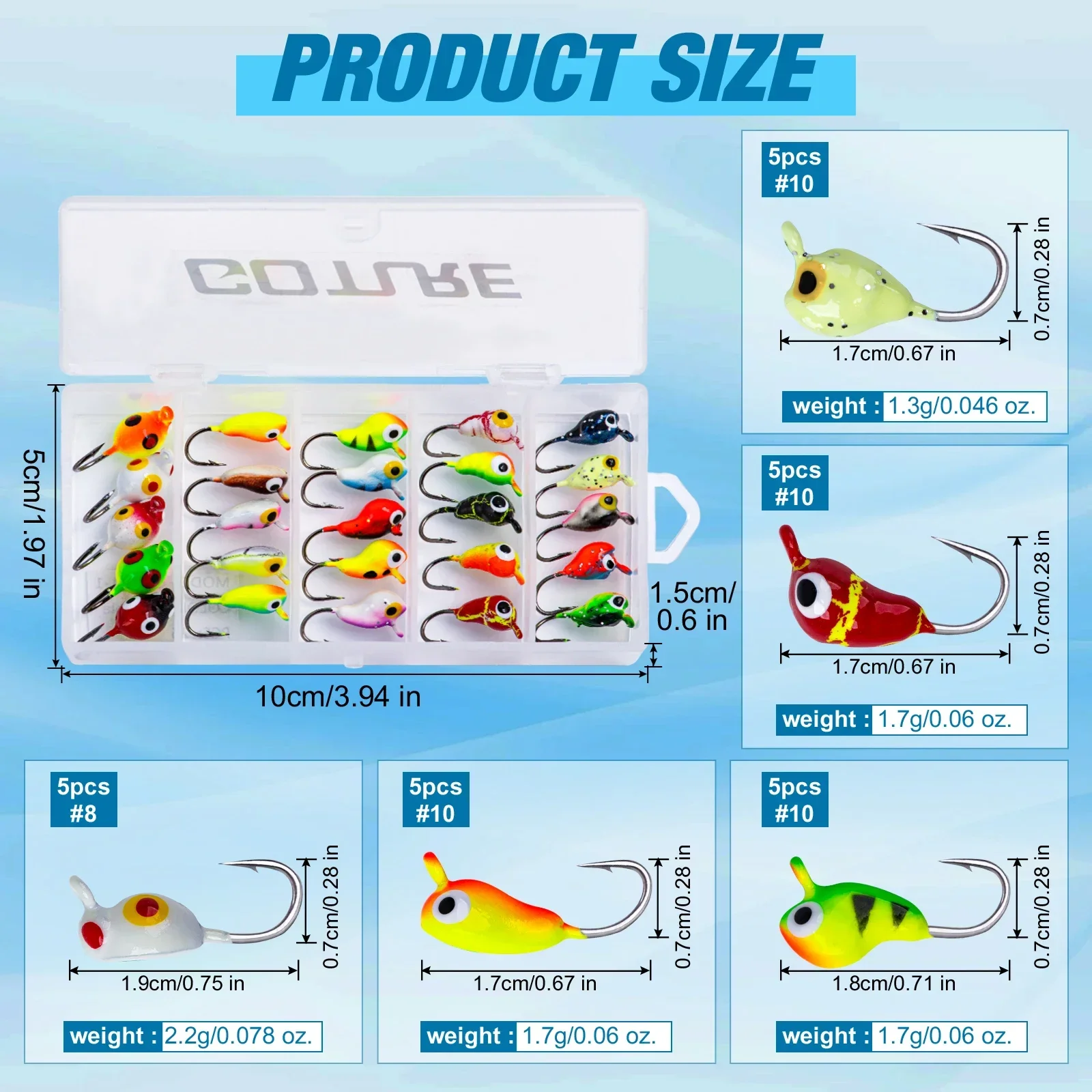 Goture-Juego de señuelos de pesca en hielo, Set de 12/25 piezas, 1,5g, 2g, luminoso, acción de natación vívida, Jig, Bonic, para invierno, con caja de aparejos - imagen 4