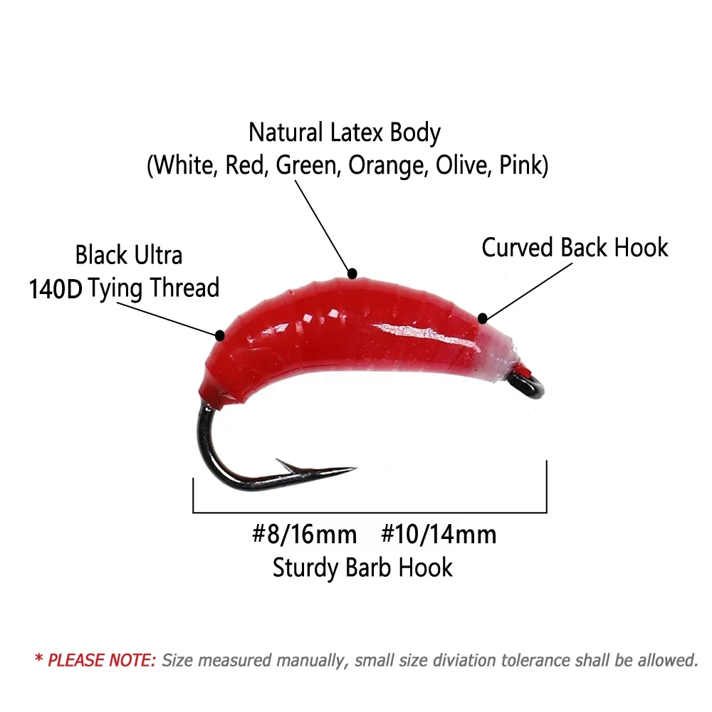 Bimoo 6PCS #8 #10 Nymph Scud Bug Worm Flies Caddis Larvae Rocky River Trout Fishing Flies Insect Bait Lure White Red - imagen 2
