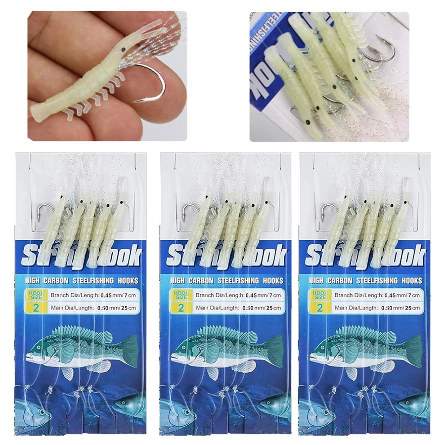 12 paquetes de 5 ganchos/paquete, anzuelo de cuerda de camarón suave luminoso, señuelo de pesca, aparejos de cebo Sabiki, aparejos de aparejo Sabiki de agua dulce y salada - imagen 2