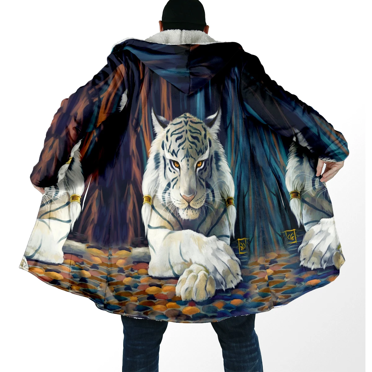 2025 capa de moda de invierno para hombre, capa con capucha de lana gruesa con estampado 3D de tigre Animal, capa cálida informal Unisex DP91 - imagen 5