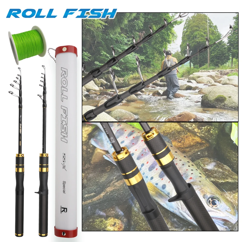 ROLLFISH UL-caña de pescar telescópica portátil para viaje, caña de pescar giratoria de fibra de carbono con asiento de carrete de sonido + sedal de pesca de PE de 100M - imagen 2