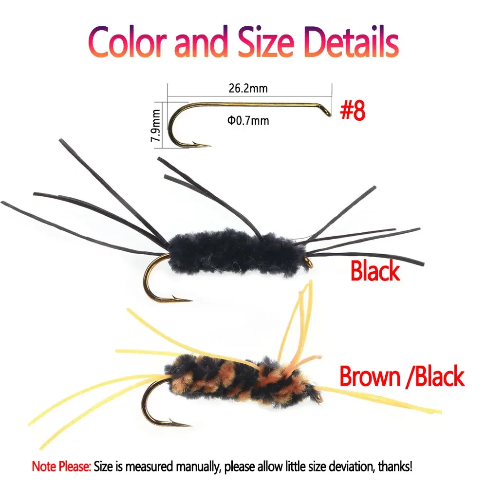 Bimoo 6PCS # 8 faja Bug Ninfa patas de goma Stonefly Ninfa chenilla sintética gusano lanudo mosca para pesca de trucha cebos - imagen 3
