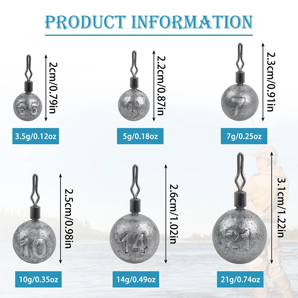 Pesas de pesca de bola redonda de plomo, aparejo de plomo, 6 pesas de fundición diferentes para pesca de trucha, lubina, 3,5g-21g - imagen 2