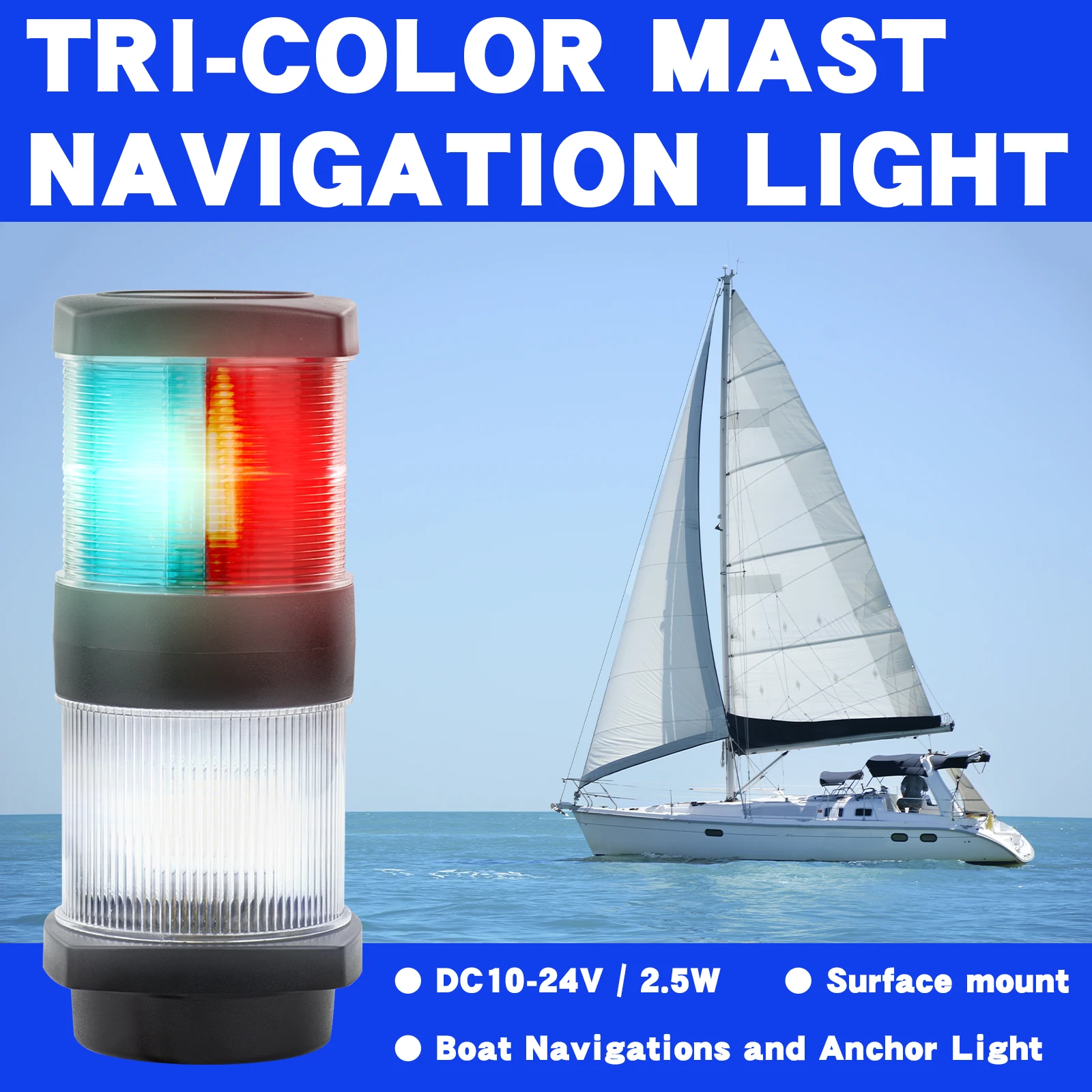 Luces de anclaje tricolor para barcos, luz de navegación, cabeza de mástil, luz marina multifuncional Led, puerto, estribo, popa, ancla en uno - imagen 3