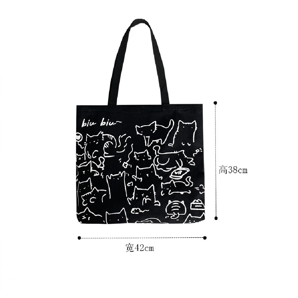 Bolso de lona negro con ilustración de gato en estilo japonés