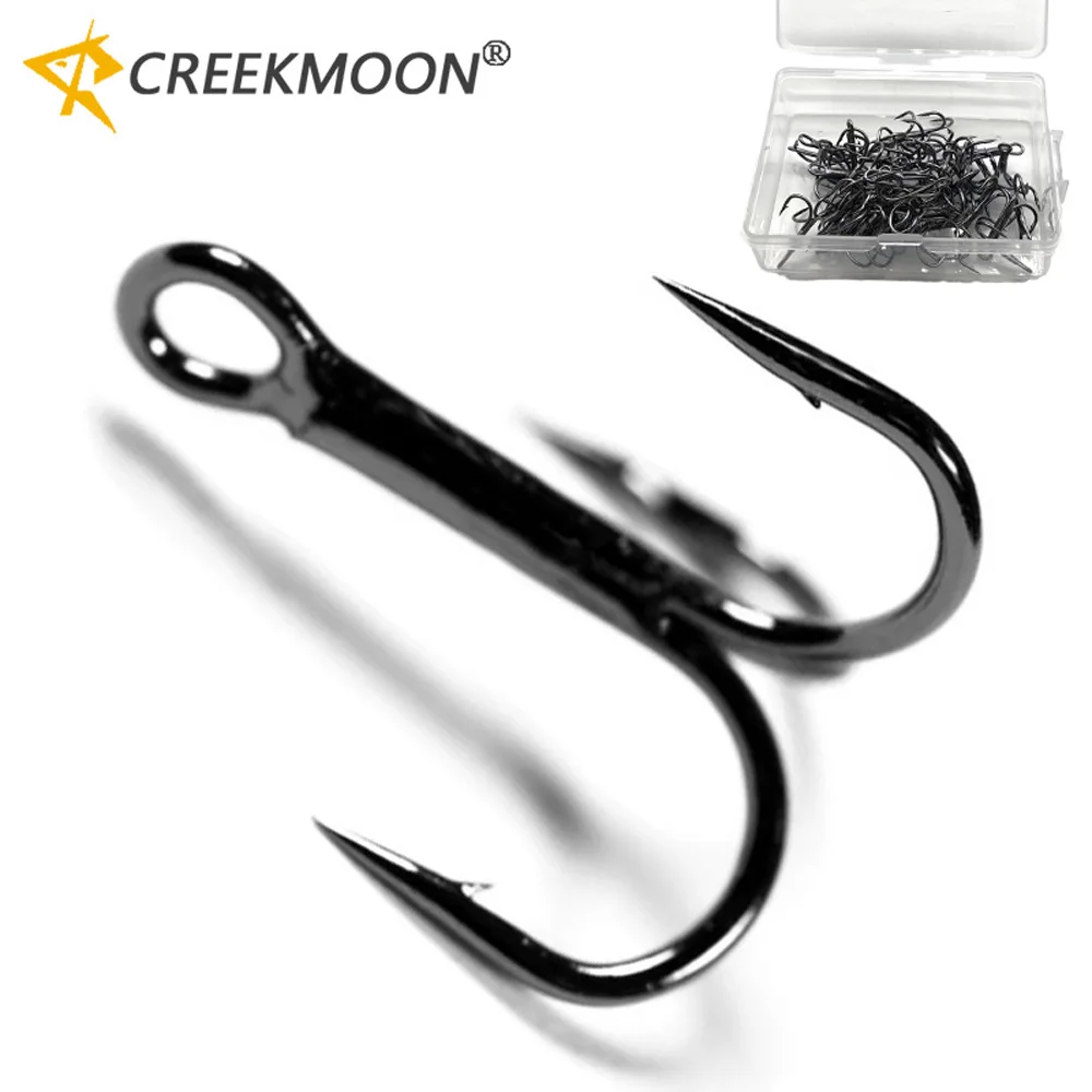 50 unids/caja de anzuelos de pesca triples afilados, anzuelos redondos con púas de acero rico en carbono y huecos anchos para señuelos/cebos, tamaños 2 # -14 # - imagen 2