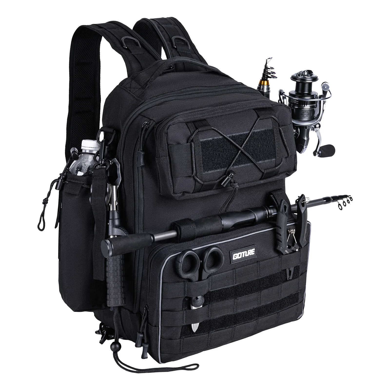 Goture-mochila de equipo de pesca, 43cm × 30cm × 21,5cm, grande, impermeable, diseño multibolsillo, juego de varillas y ruedas, equipo multifuncional - imagen 2