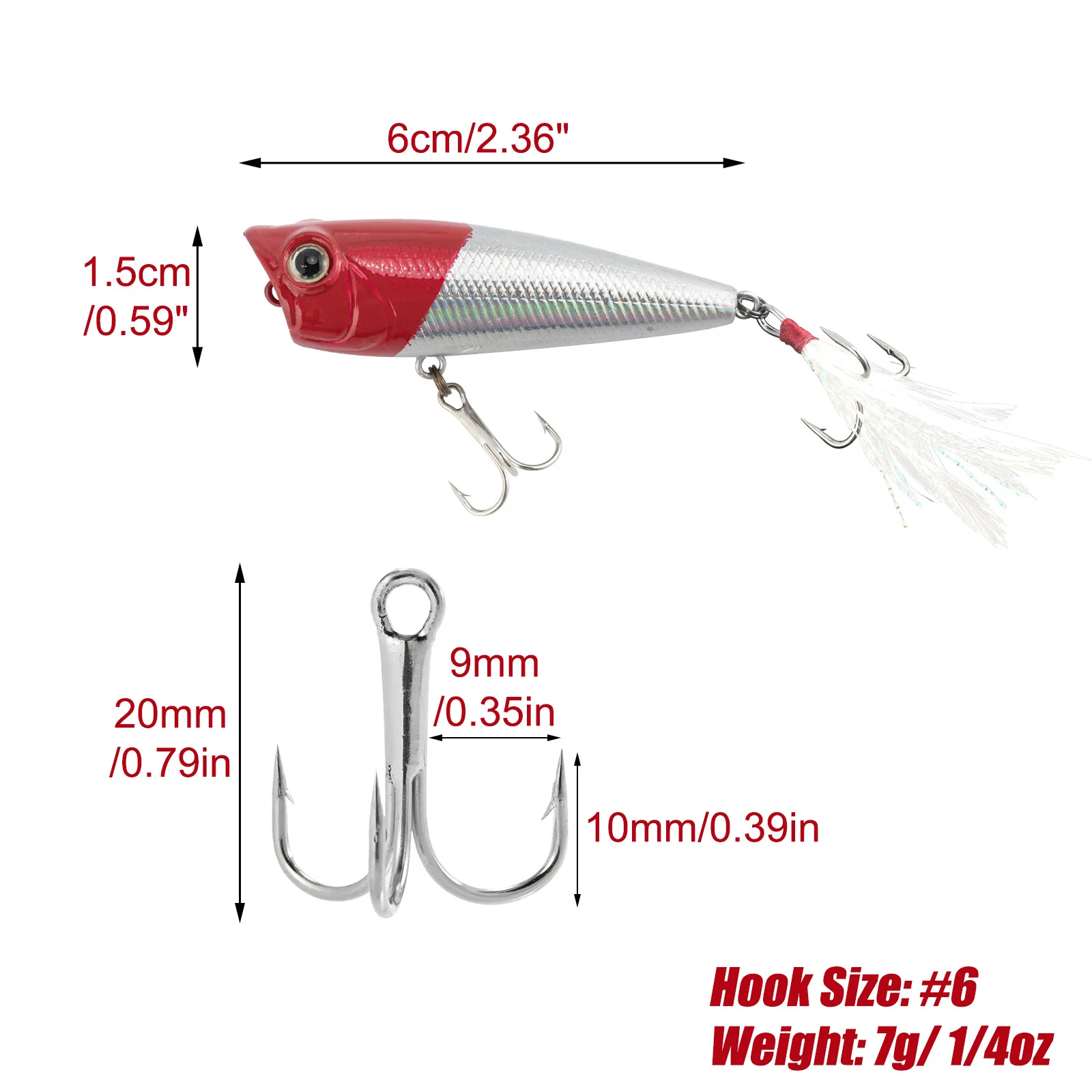 Señuelo Popper Topwater Bass – Anzuelos triples con plumas cola de gallo - imagen 2