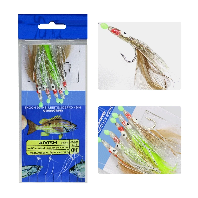 2 uds aparejos de pesca cebos suave pulpo señuelo luminoso brillo pluma piel de pescado ganchos de cuerda pesca en agua salada 1 paquete 1/0 - imagen 2