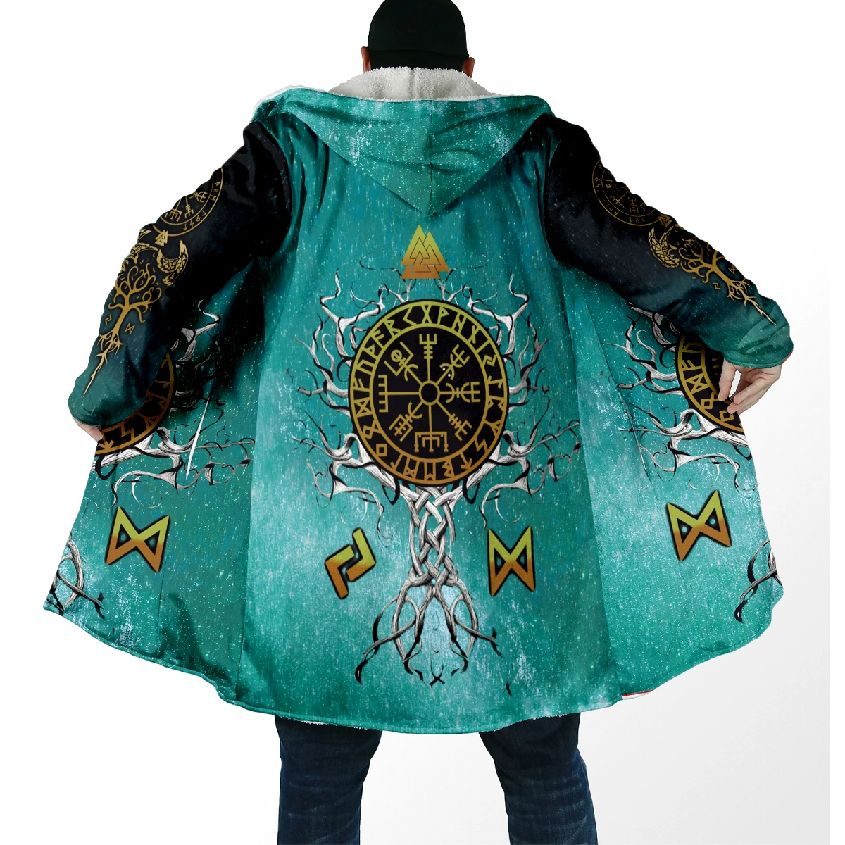 2025 capa de moda de invierno para hombre, capa con capucha de lana gruesa con estampado 3D de tatuaje de lobo, capa cálida informal Unisex DP86 - imagen 3