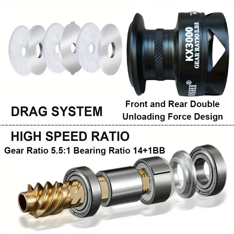 Carrete de pesca giratorio con frenos dobles delanteros y traseros, serie 3000-6000, relación de engranaje 5,5:1, con sistema de arrastre suave, adecuado para carpa - imagen 3