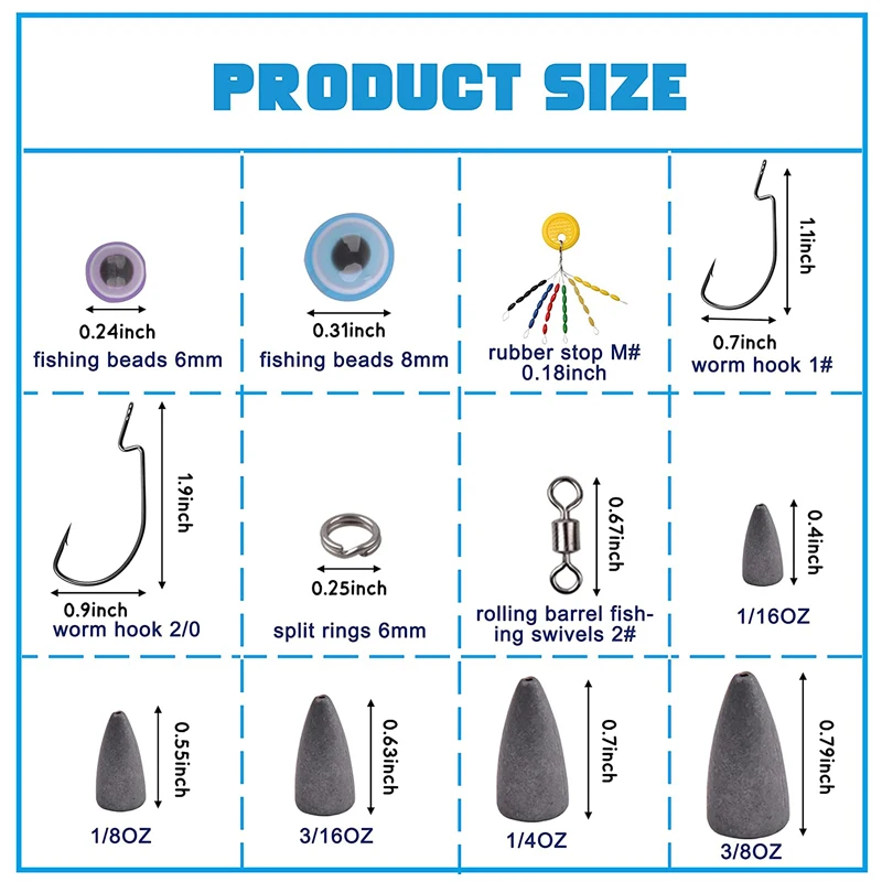 Kit de pesas de pesca de bala, 215 piezas, incluye cuentas de pesca, flotador de pesca, tapón, gancho de gusano, anillos divididos, herramienta giratoria barbida - imagen 2