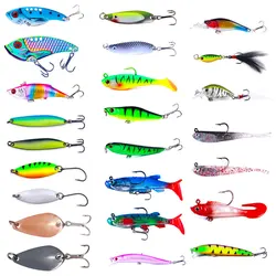 Juego de Señuelos de Pesca de 24 Uds., cuchara de Metal mixta, cebo de cola en T suave, pececillo para lubina, Lucio, trucha, perca, Wobblers, Kit de aparejos de pesca de todas las capas