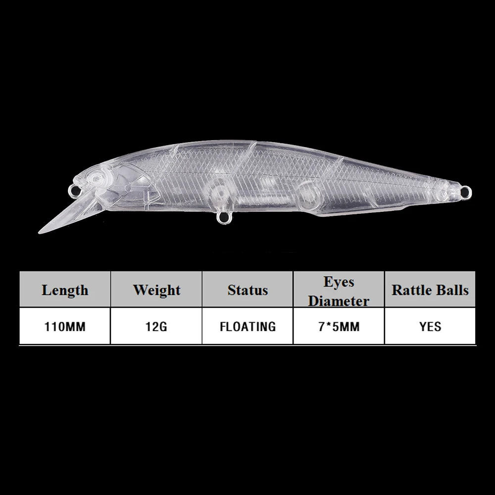Chan'sHuang-Cebo en blanco sin pintar, cascabeles flotantes transparentes de 11cm/12g, piscardo, aparejo de señuelo de pesca Artificial hecho a mano - imagen 2