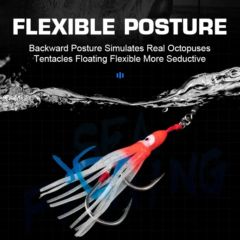 Anzuelo de pesca de agua salada, accesorio giratorio de acero de alto carbono con brillo UV, falda de calamar y pulpo, 3/0, 5/0 - imagen 5
