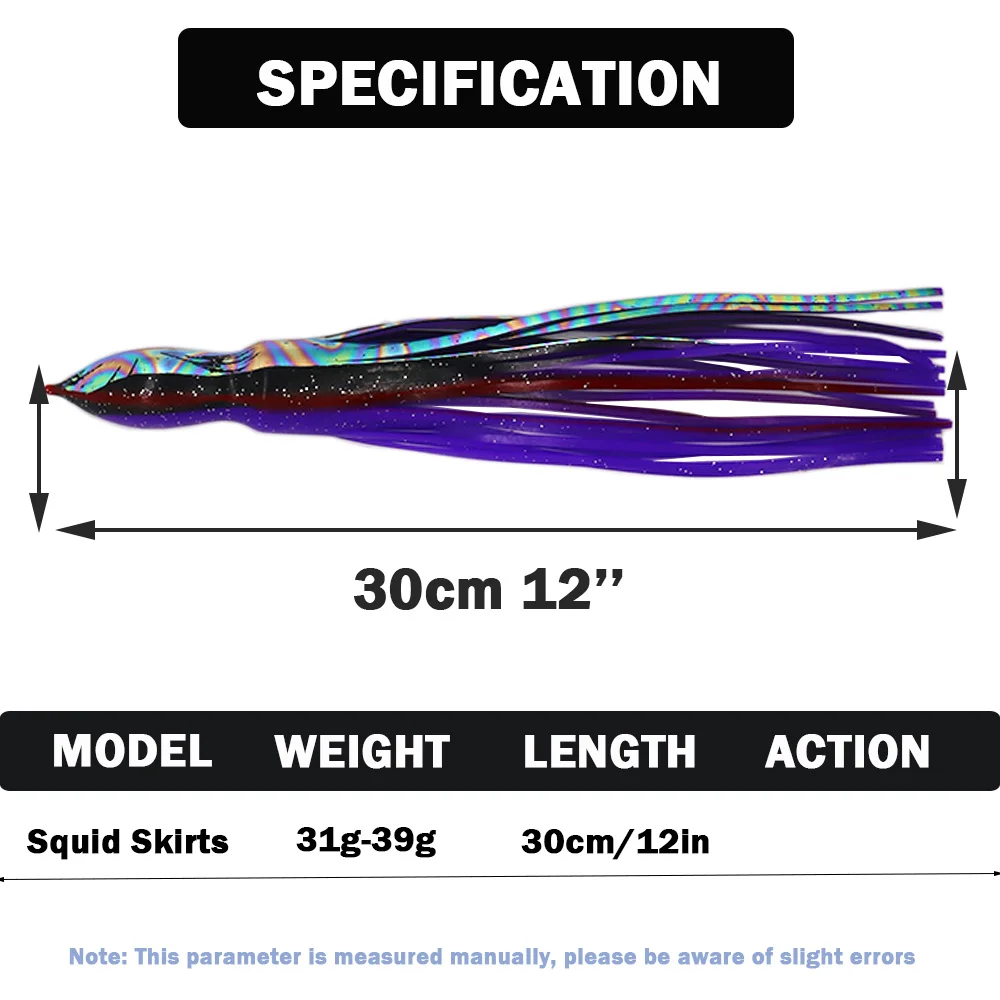 Señuelo suave de pulpo de 12 pulgadas, faldas de calamar brillantes de goma, Señuelos de pesca Wahoo Mahi Marlin, cebos artificiales de pez vela, pesca de gran juego - imagen 5